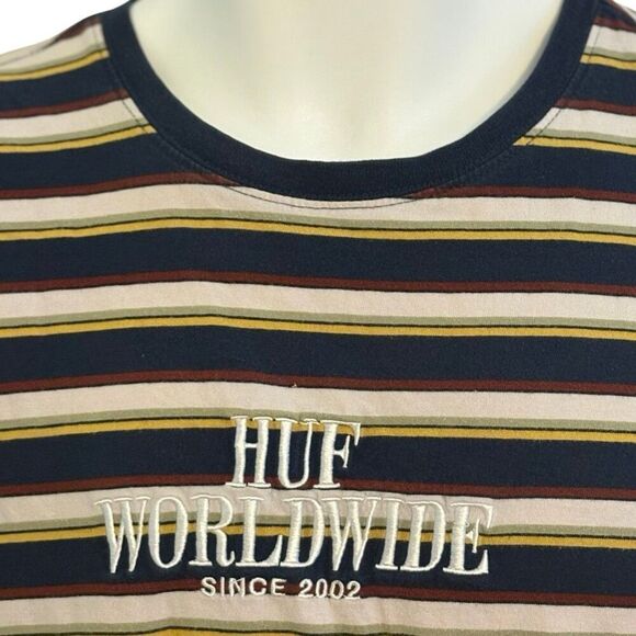 Vintage 90s HUF Worldwide Long Sleeve T Shirt Embroidered Logo Striped Blue Yell - Picture 2 of 7